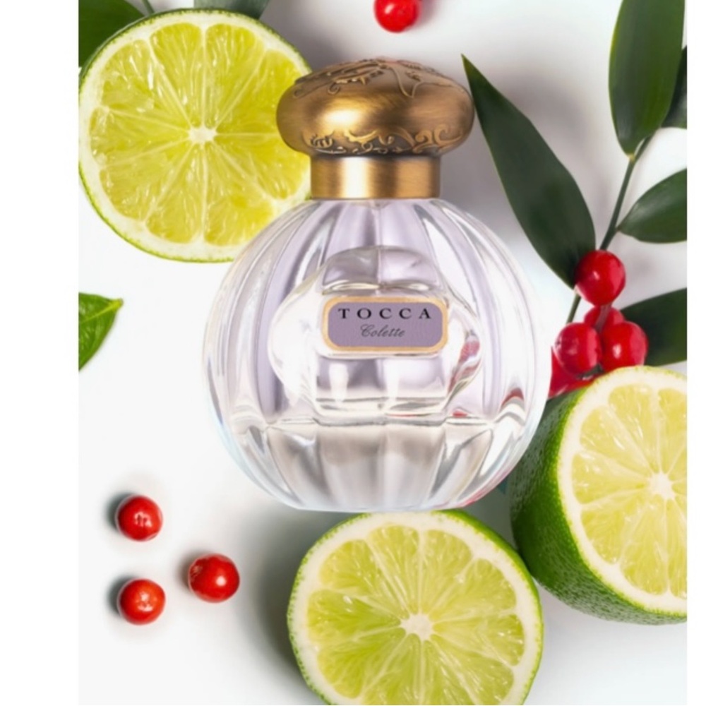 Tocca Colette perfume bottle with gold cap and pale lavender liquid